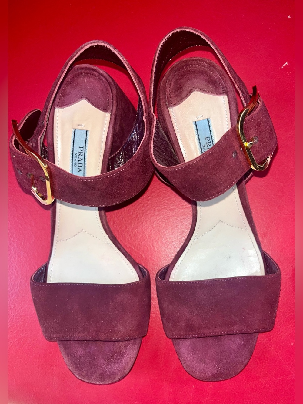 Prada Women's Burgundy Suede Ankle-Strap Sandals
block heel, Size 38